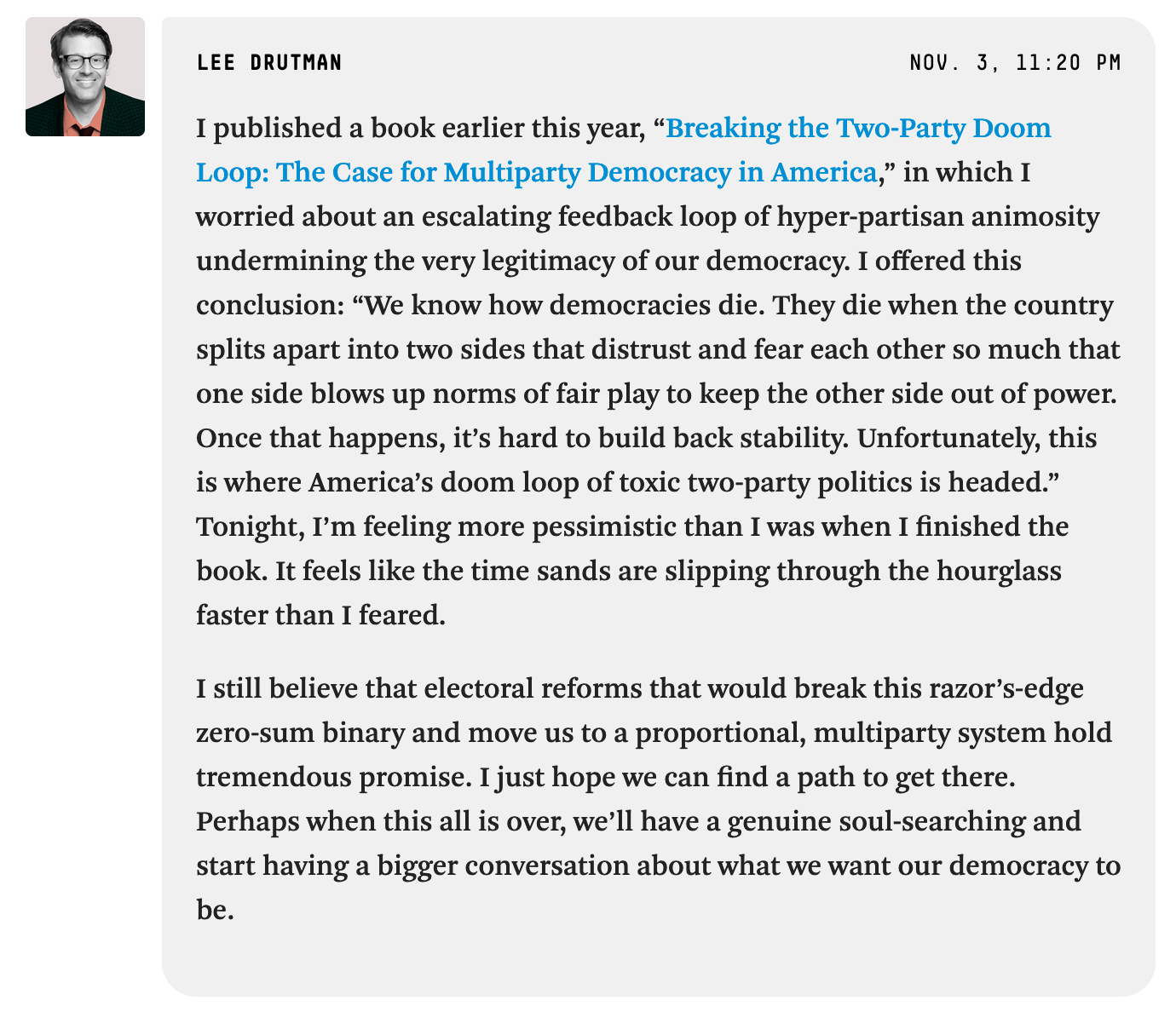 Screenshot of Lee Drutman’s 11:20 PM comment on FiveThirtyEights’s 2020 election coverage post.